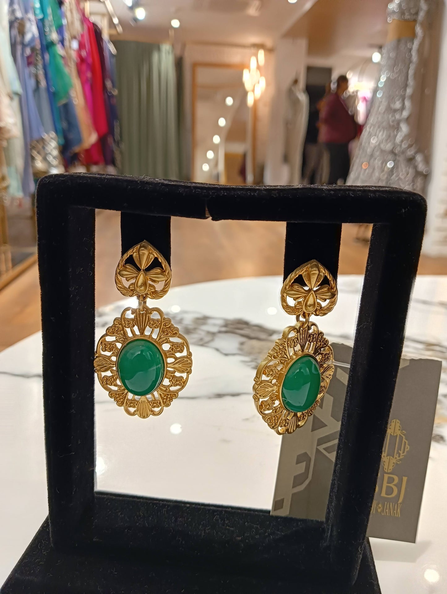 Green Stone Earrings - Elegant Gold Finish