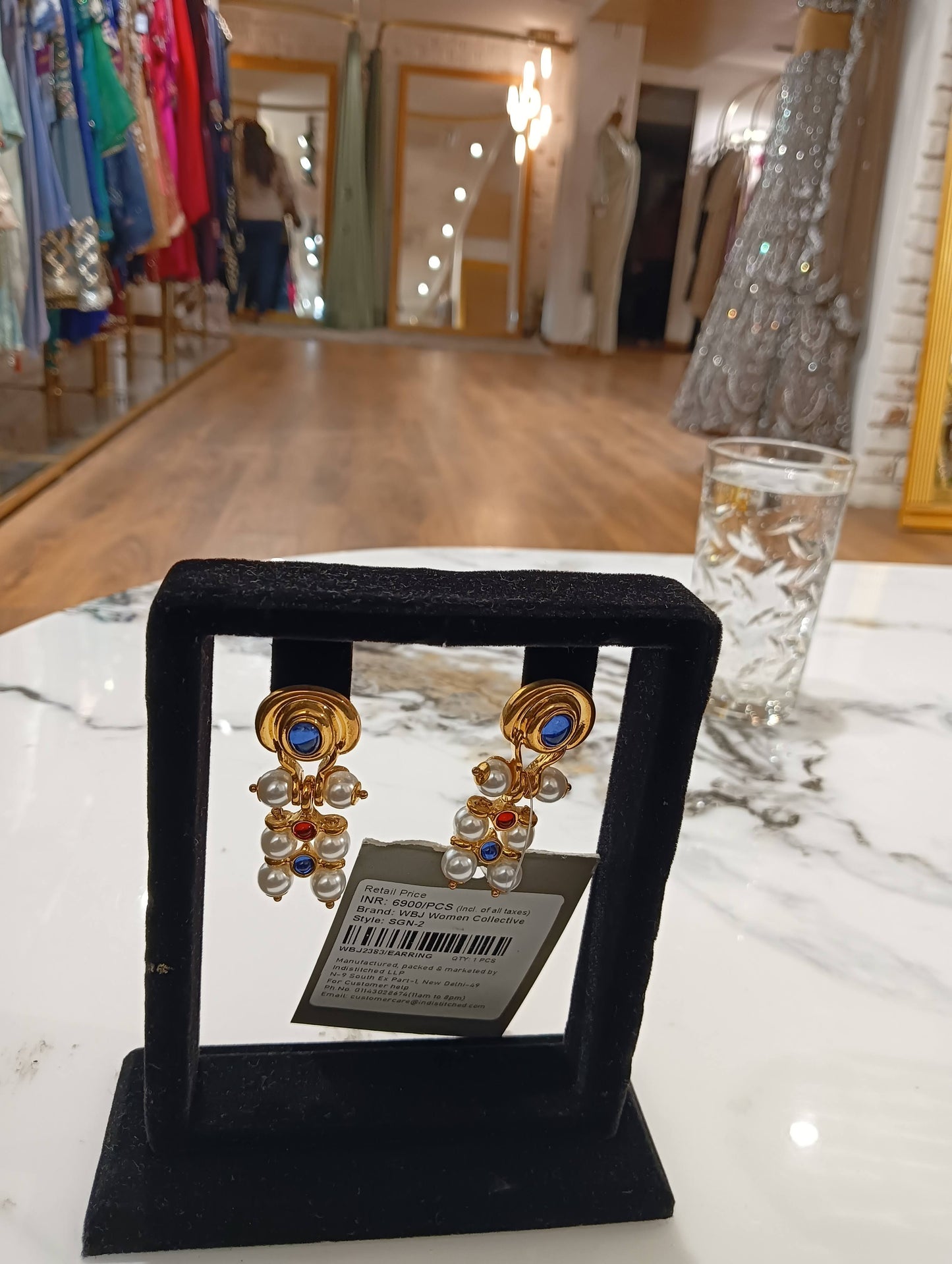 Classic Pearl Drop Earrings with Blue Stone Accent