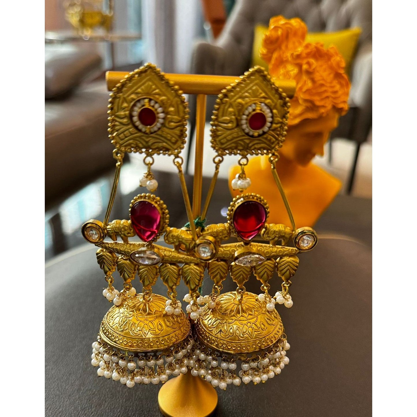 Gold-Plated Temple Jhumkas with Ruby Accents